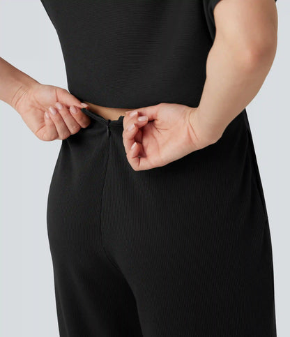 One Shoulder Short Sleeve Asymmetric Casual Jumpsuit with Built-in Bra and Pockets -Easy Peezy Edition