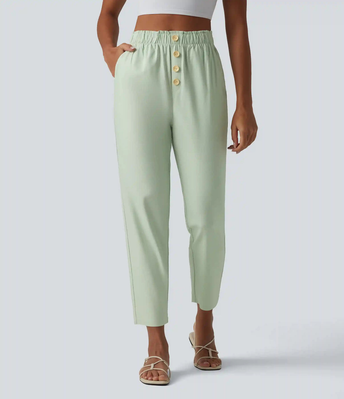 High Waisted Tapered Casual Cotton Linen Pants with Pockets