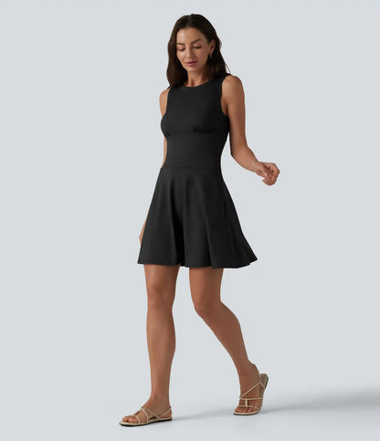 Boat Neck Sleeveless Flare Mini Casual Dress with Pockets
