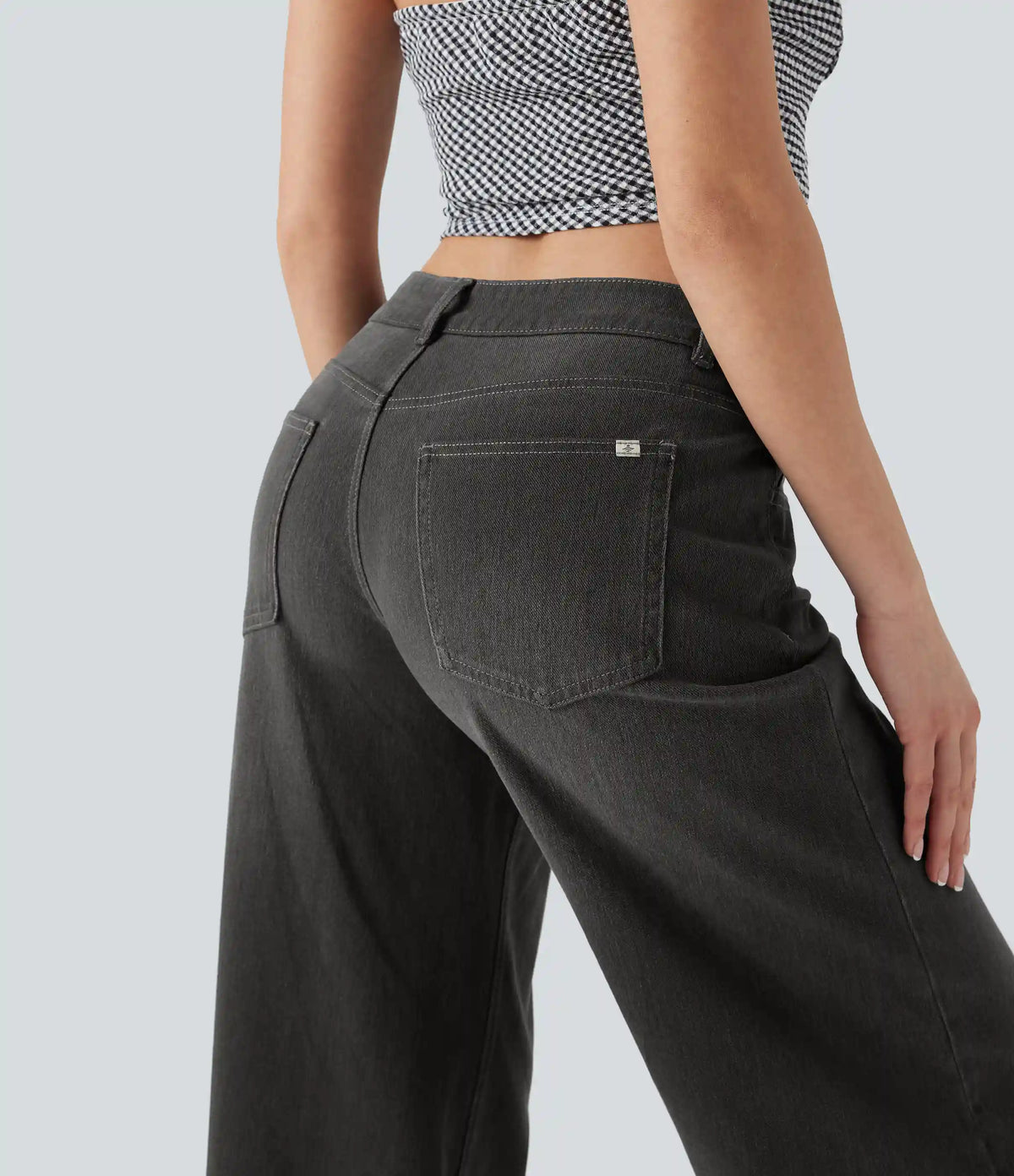 Halara Flex™ Asymmetric Low Rise Zipper Pockets Baggy Wide Leg Washed Casual Jeans