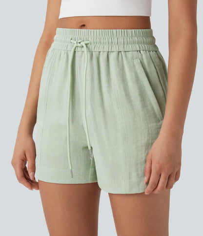 Mid Rise Drawstring Linen-Feel Work Shorts with Side Zip Pockets