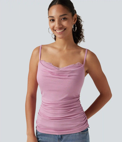 Ribbed Cowl Neck Contrast Lace Ruched Built-in Bra Casual Tank Top