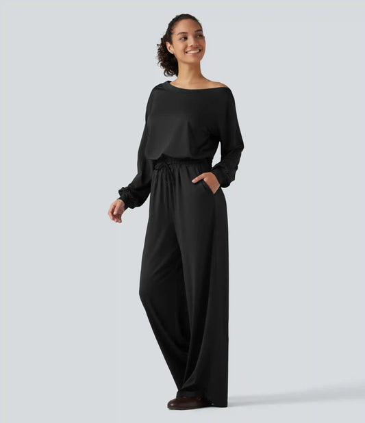 One Shoulder Long Sleeve Drawstring Baggy Casual Jumpsuit with Pockets-Easy Peezy Edition