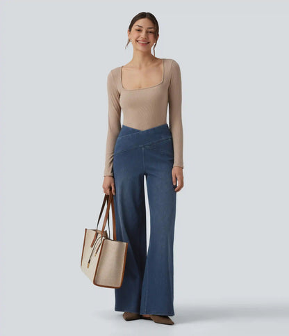 Halara Flex™ Crossover High Waisted Tummy Control Casual Wide Leg Jeans with Pockets