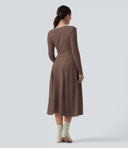 Ribbed Knit V Neck Long Sleeve Flare Midi Casual Dress with Pockets