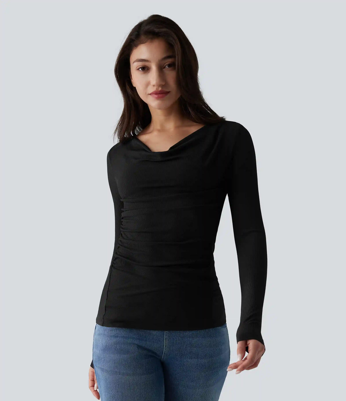 Ribbed Knit Cowl Neck Long Sleeve Ruched Casual Top