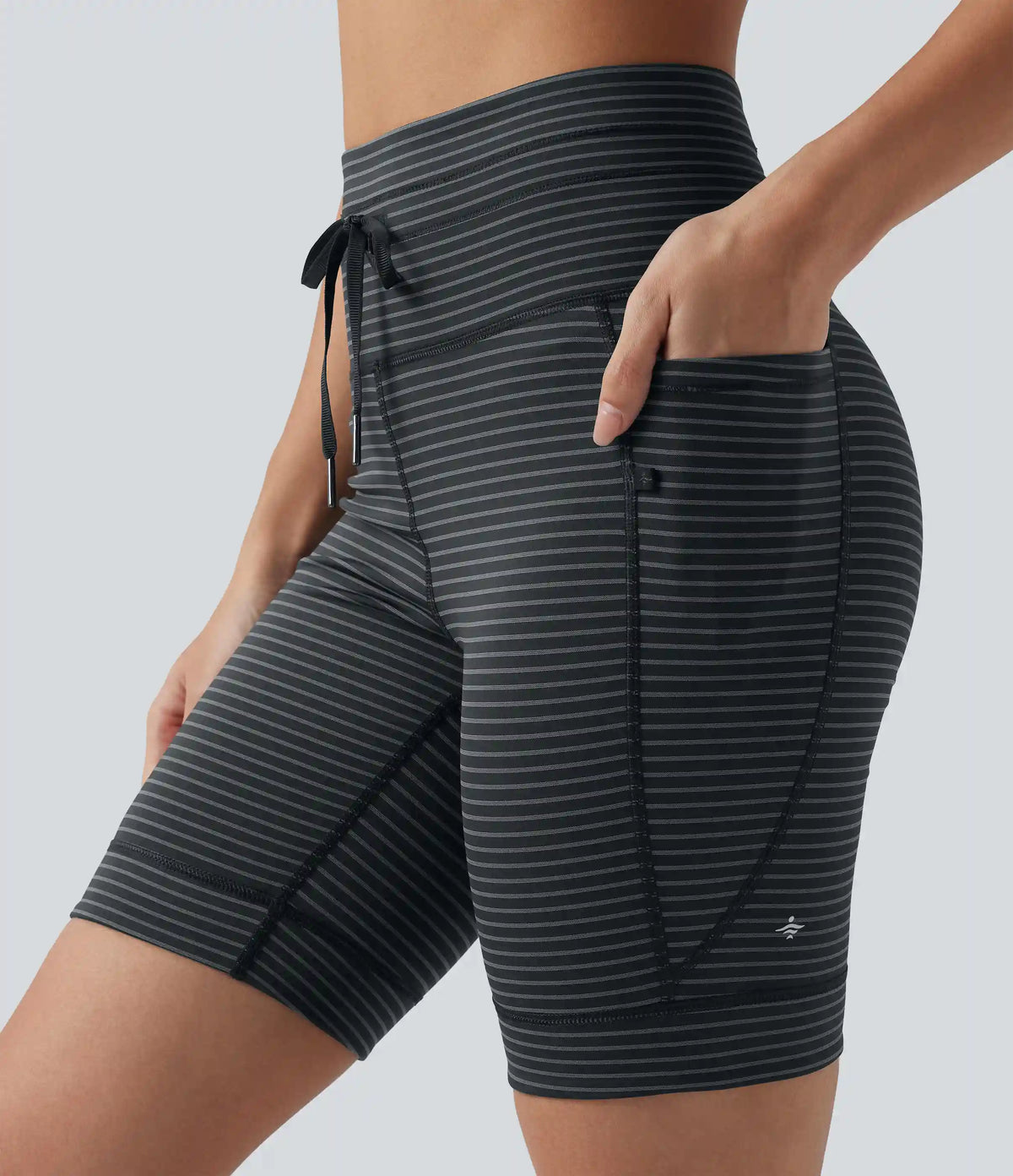 High Waisted Drawstring Striped Yoga Biker Shorts 7'' with Pockets
