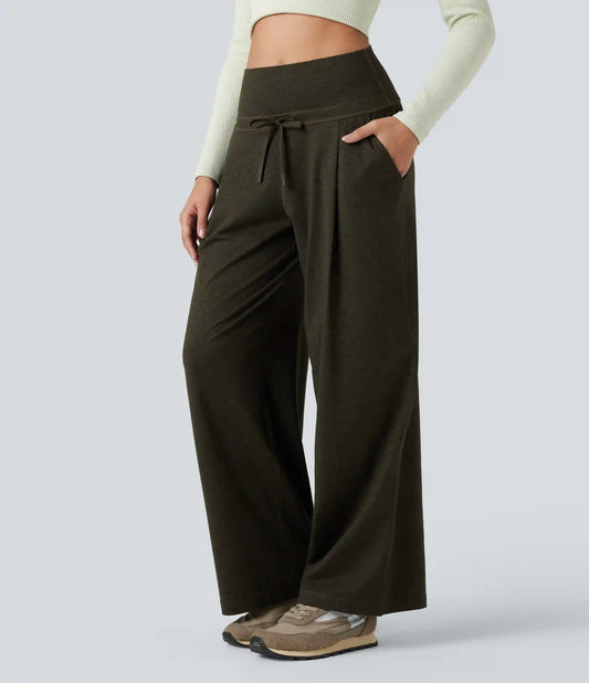 Foldover High Waisted Draswtring Quick Dry Heathered Casual Wide-leg Pants with Pockets