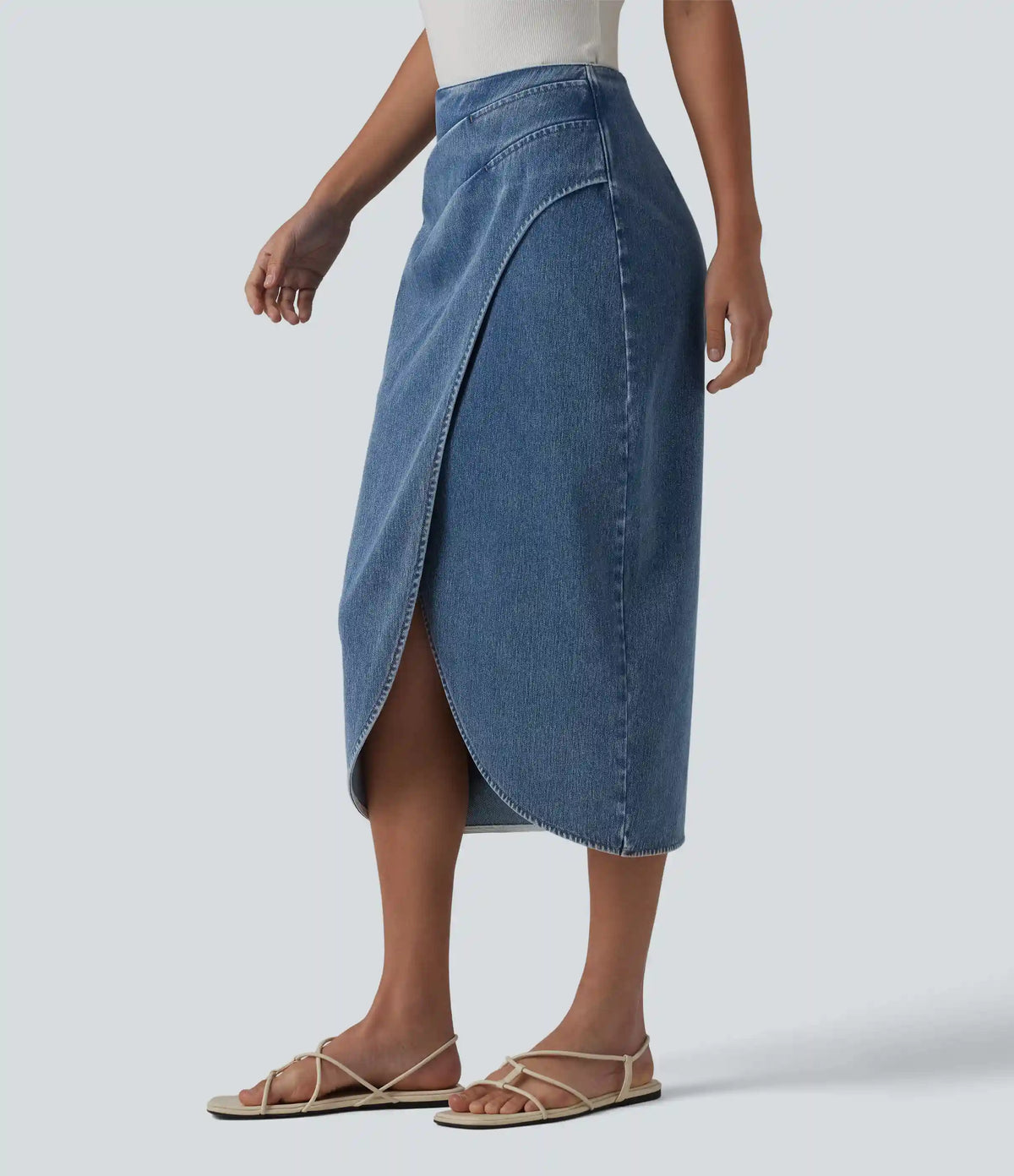 Halara Flex™ High Waisted Back Zipper Ruched Tulip Hem Midi Washed Denim Casual Skirt