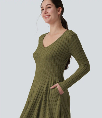 Ribbed Knit V Neck Long Sleeve Flare Midi Casual Dress with Pockets