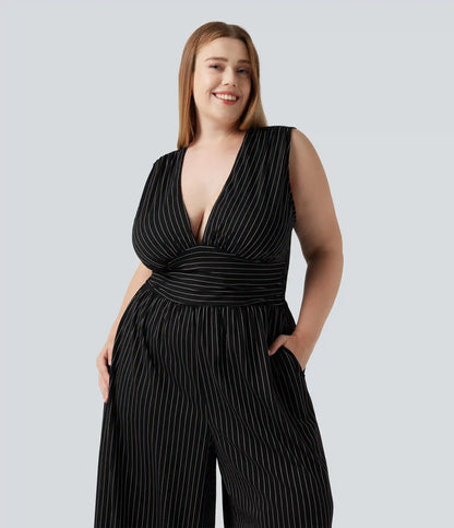 Plus Size Deep V Neck Built-in Bra Sleeveless Ruched Cool Touch Stripe Work Jumpsuit with Pockets-Easy Peezy Edition