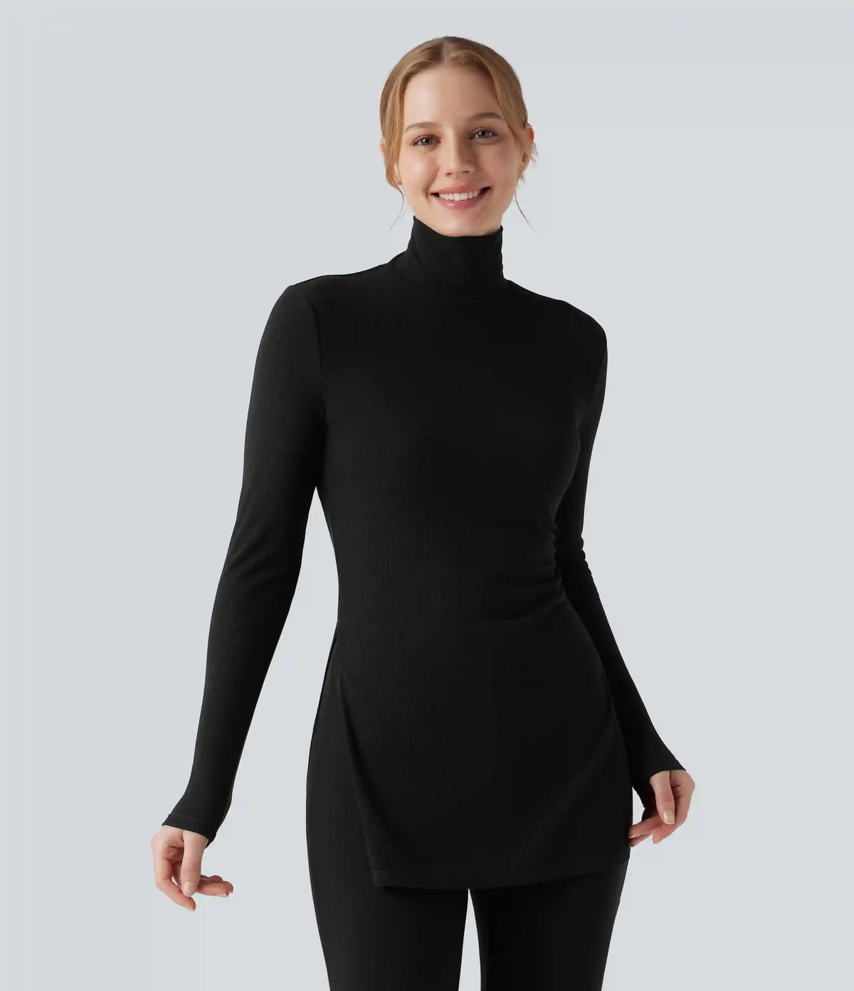 Ribbed Knit High Neck Long Sleeve Casual T-Shirt