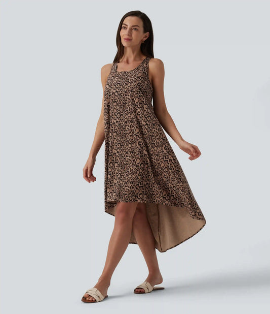 Racerback Sleeveless High Low Leopard Print Flowy Midi Resort Dress with Pockets