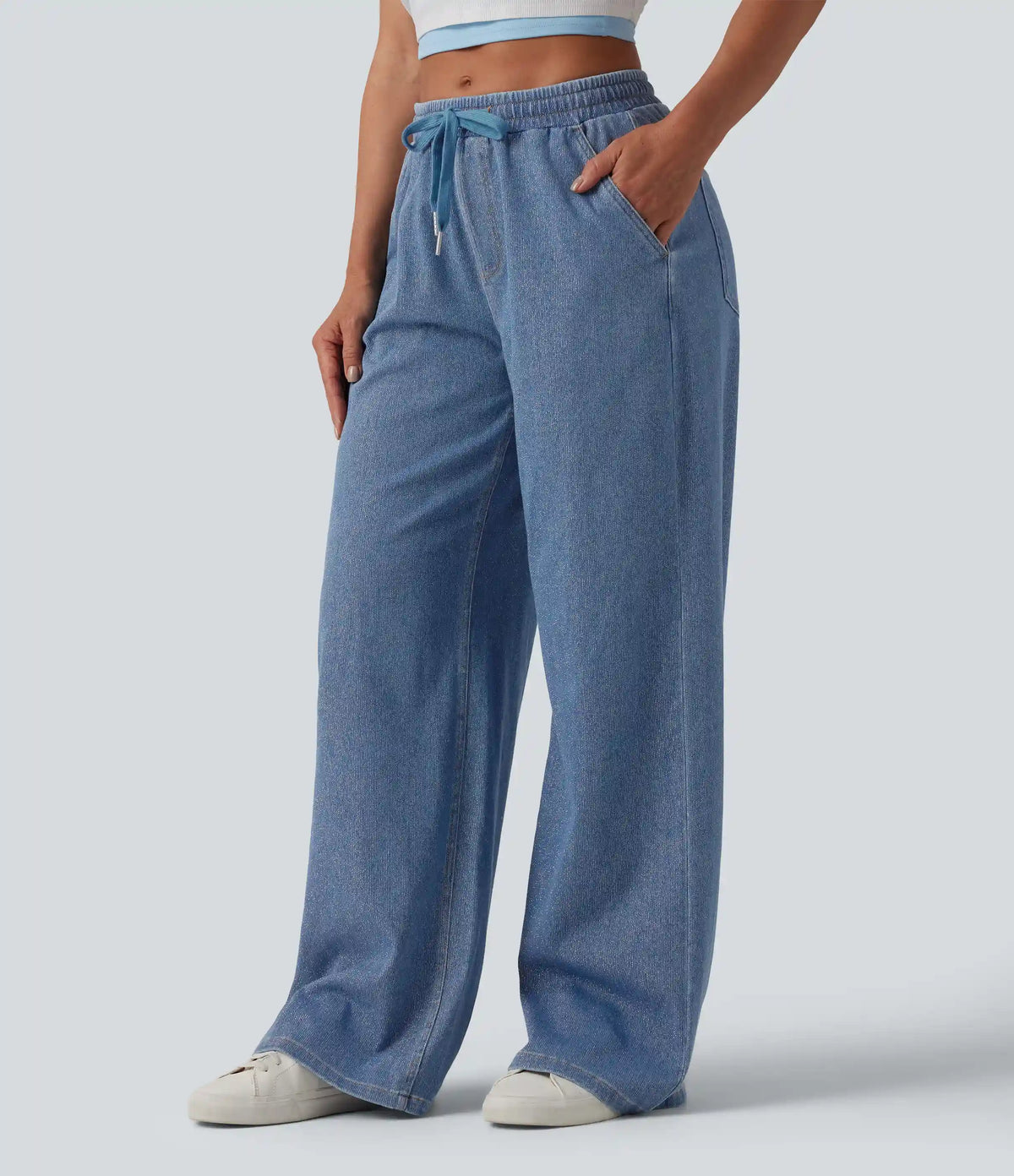Halara Flex™ Low Rise Drawstring Wide Leg Silver Shine Casual Sweatpants Jeans with Pockets