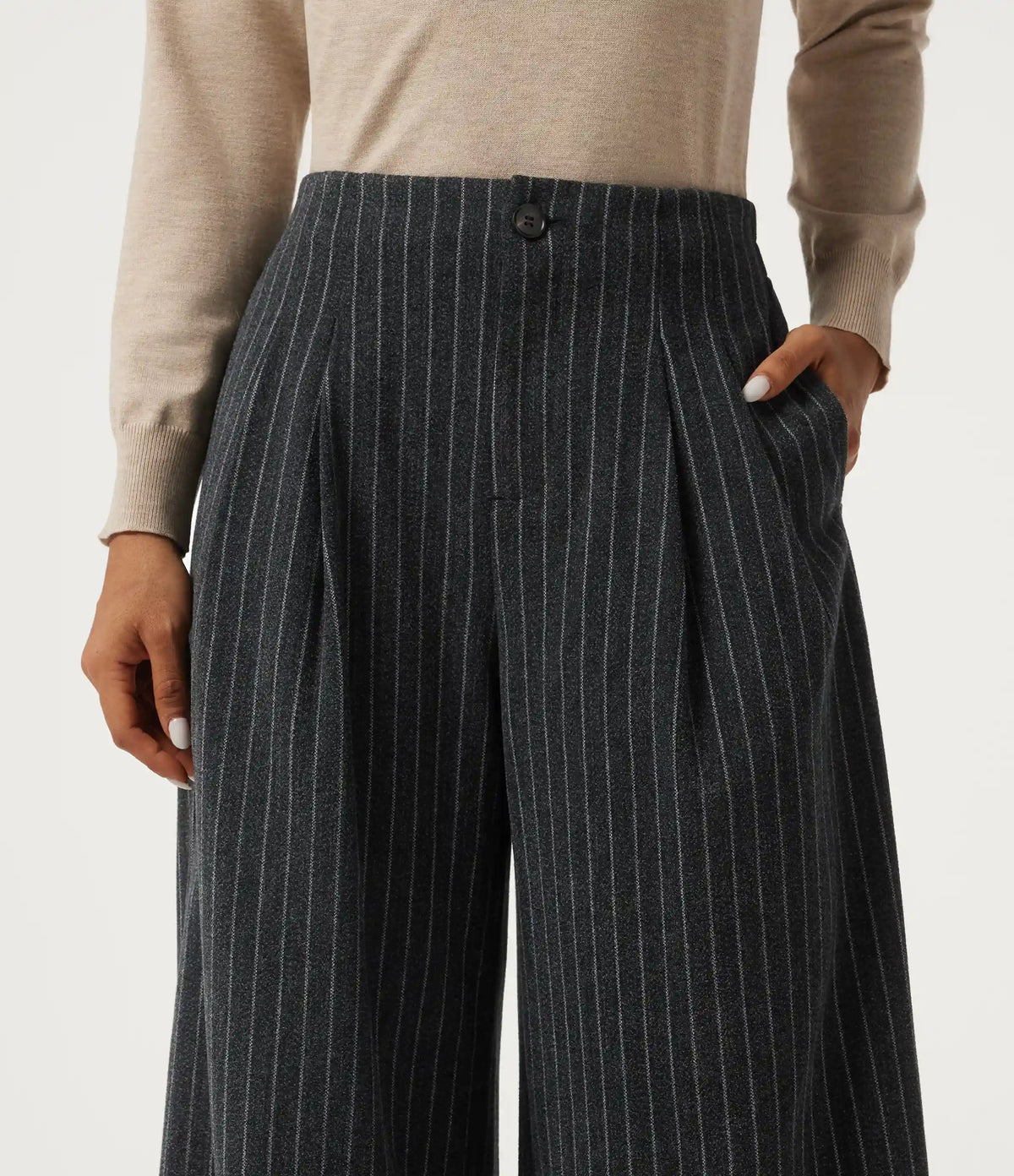 High Waisted Wide Leg Stripe Fleece Work Pants with Pockets