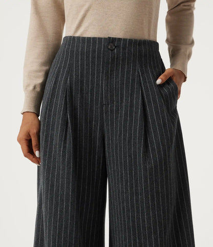 High Waisted Wide Leg Stripe Fleece Work Pants with Pockets