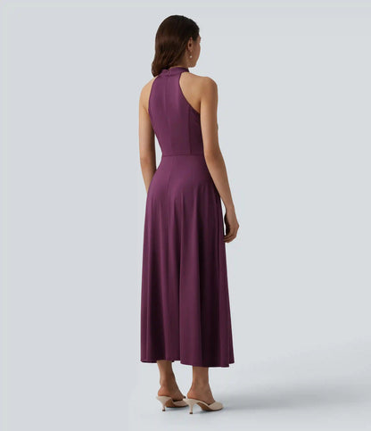 Mock Neck Sleeveless Invisible Zipper Midi Stretchy Satin-Like InstantCool Bridesmaid And Wedding Guest Flowy Dress with Pockets