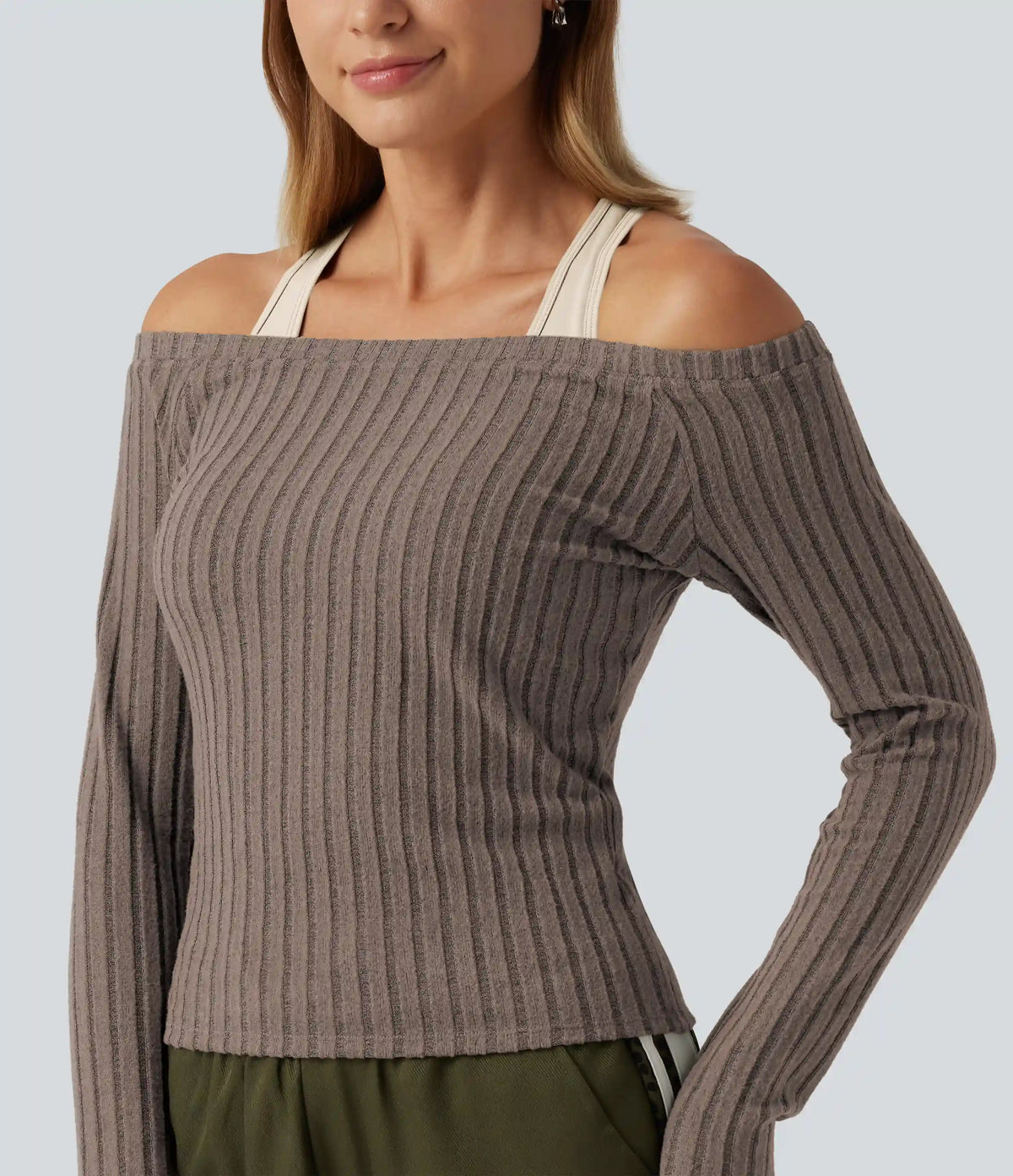 2-Piece Set Off-Shoulder Ribbed Long Sleeve Lounge Top with Built-in Bra