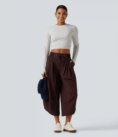 Mid Rise Barrel Leg Shirred Drawstring Curved Hem Yoga Pants with Pockets