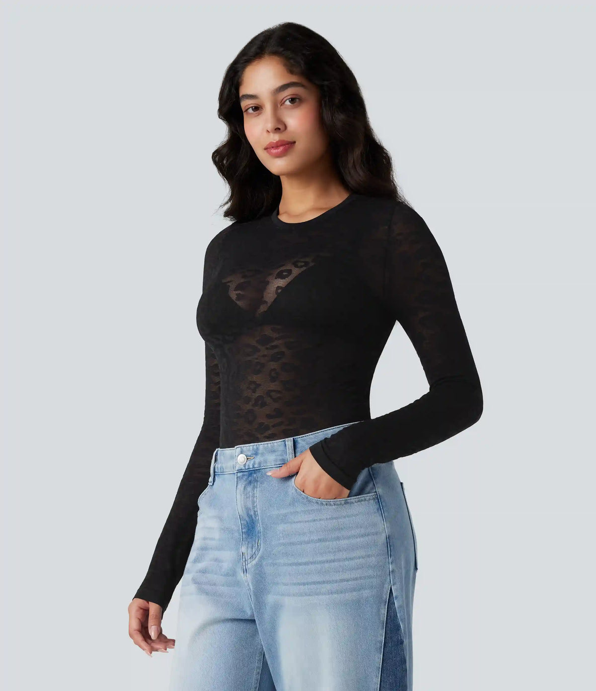 OneForm Seamless Flow Sheer Leopard Round Neck Long Sleeve Casual Sports Top