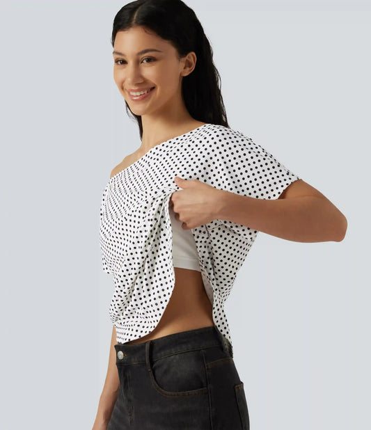 One Shoulder Short Sleeve Curved Hem High Low Built-in Bra Polka Dot Casual Top