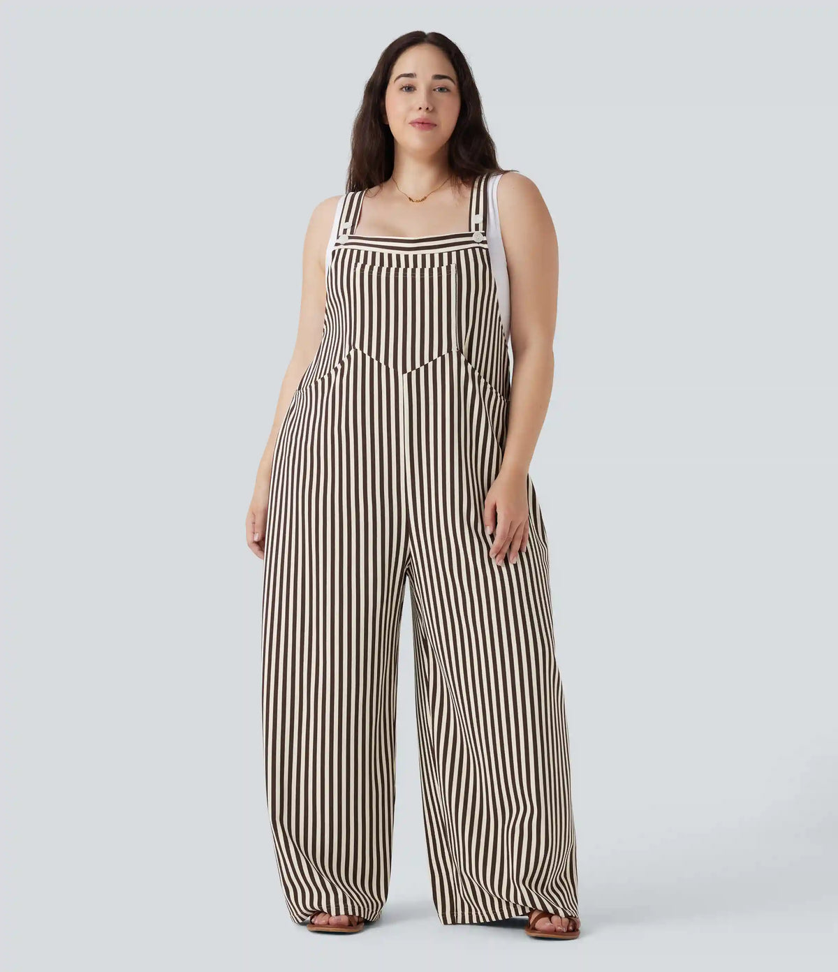 Plus Size Stripe Waffle Overalls with Pockets