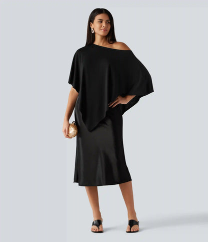 One Shoulder Half Sleeve Batwing Asymmetric Hem Oversized Casual Top