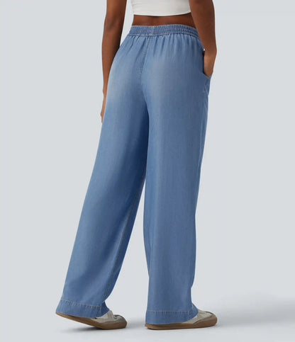 Mid Rise Drawsting Draped Wide Leg Casual Jeans with Pockets