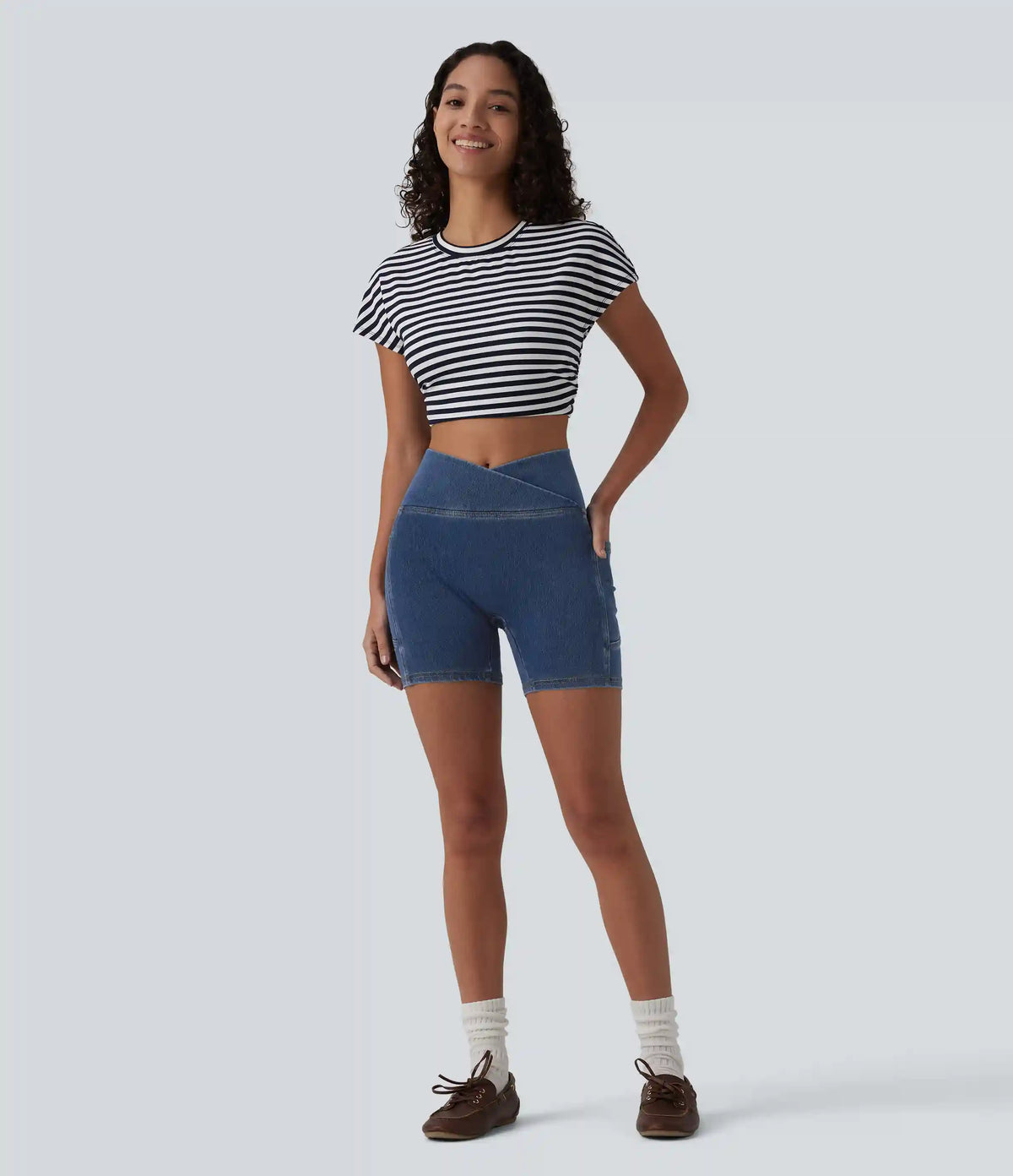 Halara Flex™ Crossover High Waisted Tummy Control Denim Casual Skinny Shorts 5'' with Pockets