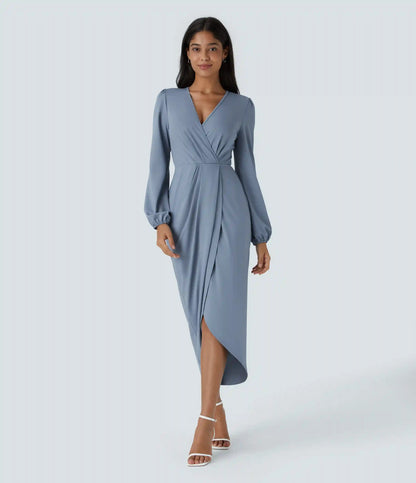 V Neck Long Sleeve Tulip Hem Midi Dress