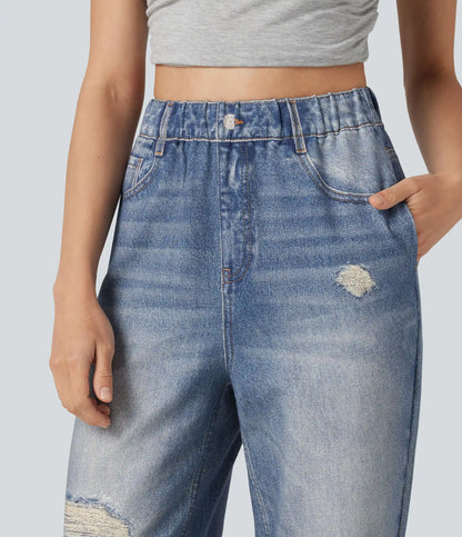 High Waisted Denim Print French Terry Casual Sweatpants Jeans with Pockets