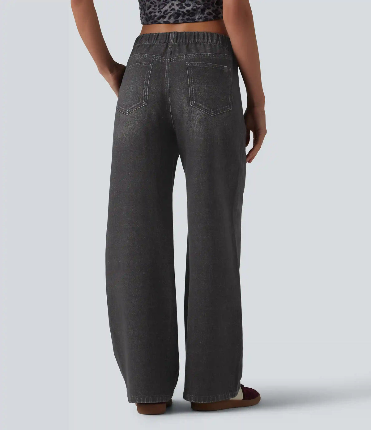 Mid Rise Denim Print French Terry Casual Sweatpants Jeans with Pockets