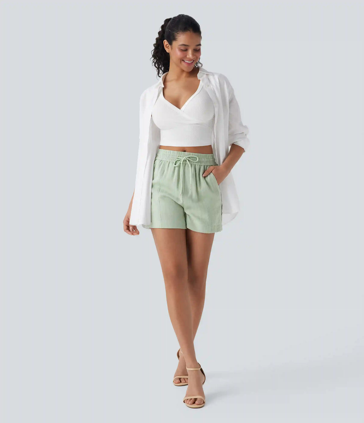 Mid Rise Drawstring Linen-Feel Work Shorts with Side Zip Pockets