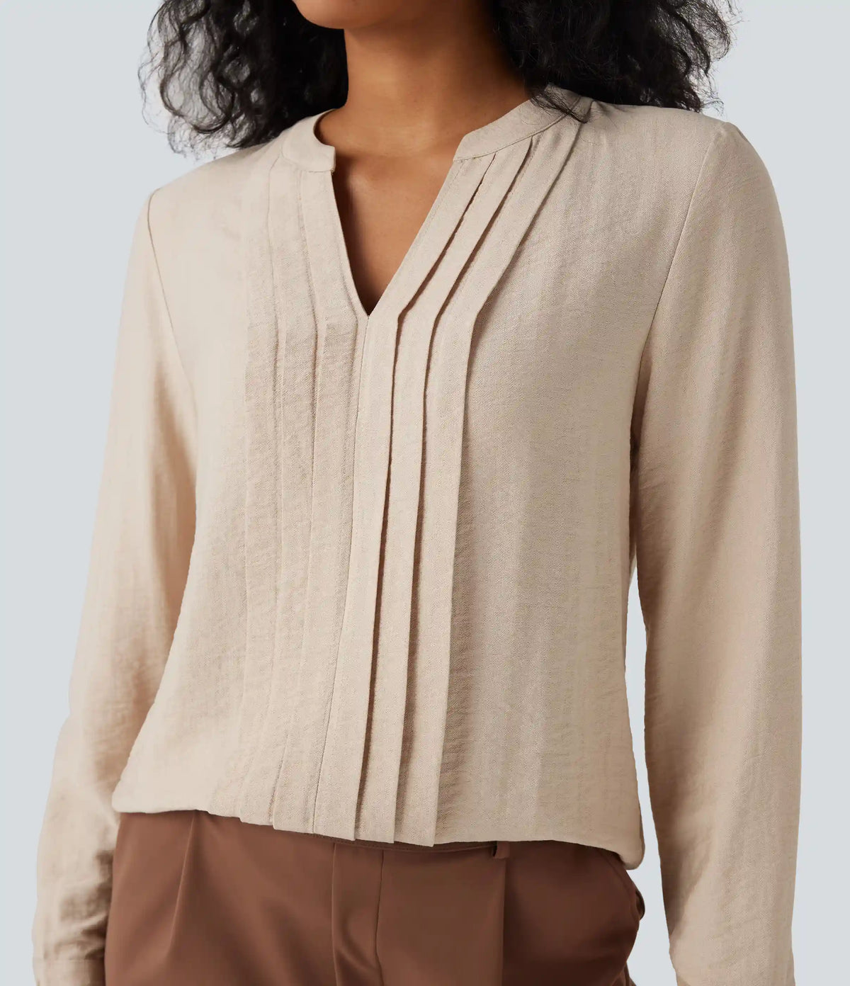 V-neck Long Sleeve Pleated Relaxed Fit Work Blouse
