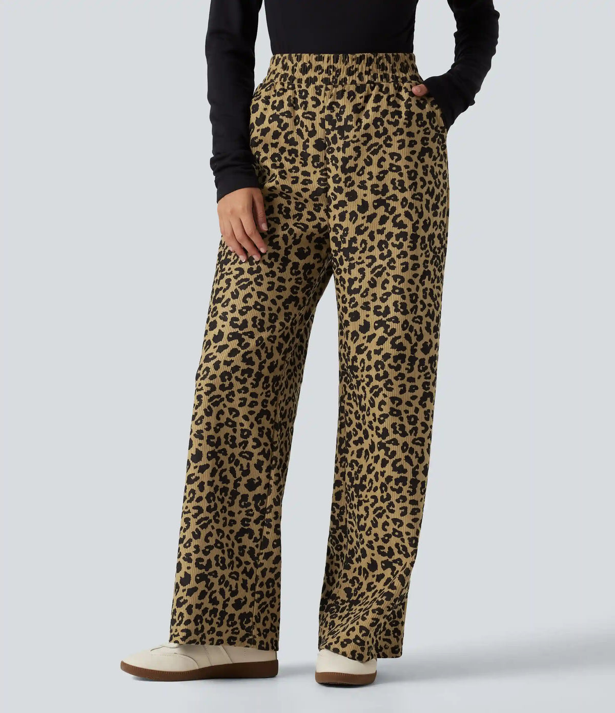 High Waisted Leopard Print Corduroy Casual Baggy Pants with Pockets