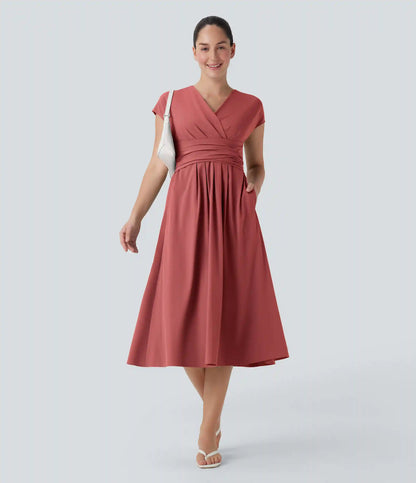 Breezeful™ V Neck Short Sleeve Pocket Tie Back Quick Dry Midi Casual Dress