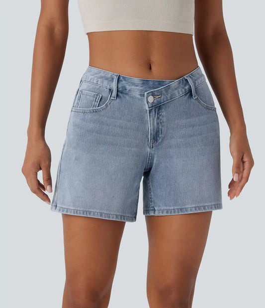 Halara Flex™ Asymmetric Low Rise Pockets Washed Denim Casual Shorts