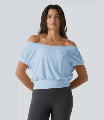 Off Shoulder Short Sleeve Oversize InstantCool Quick Dry Yoga Sports Top