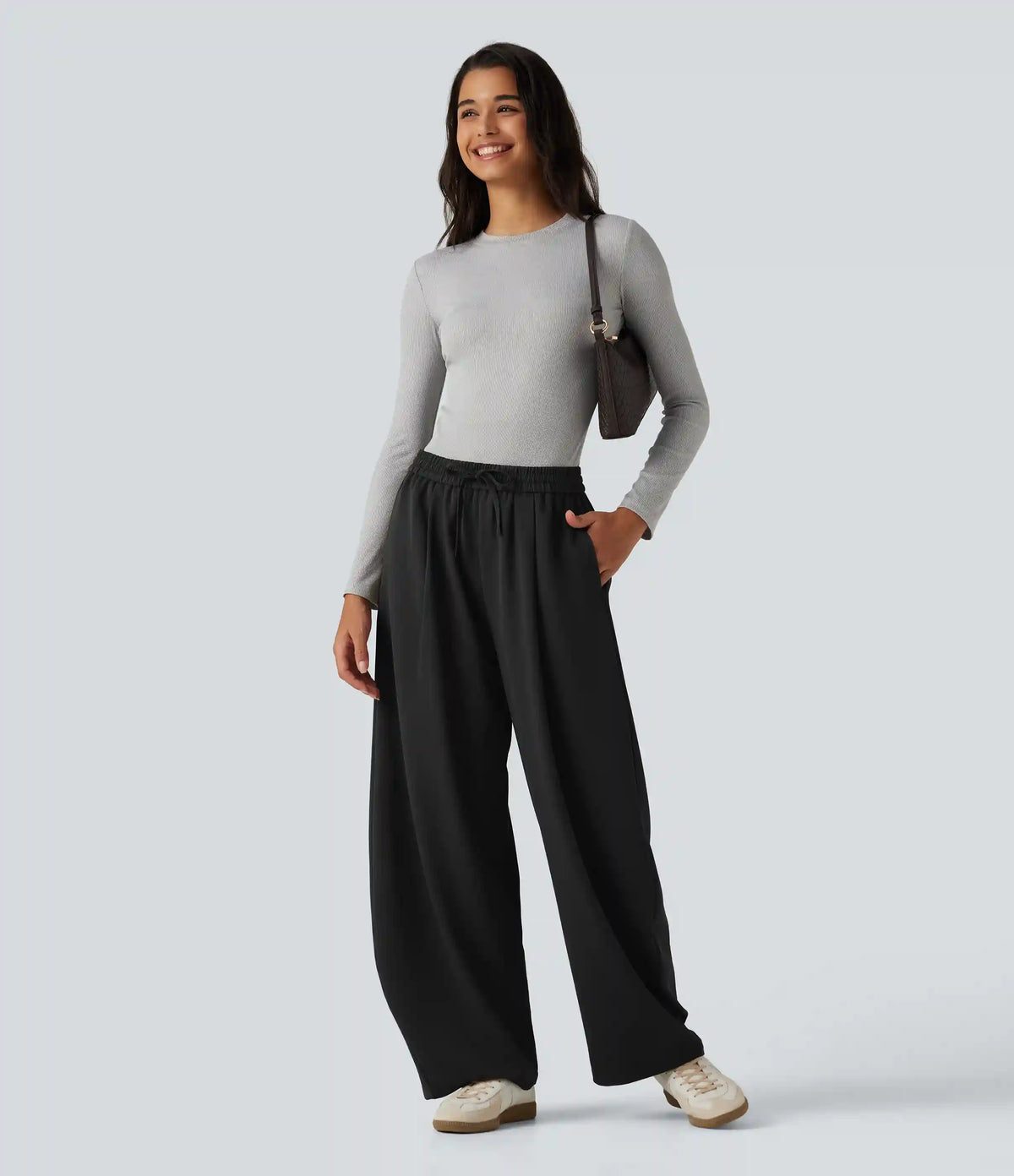 High Waisted Drawstring Barrel Leg Work Pants with Pockets