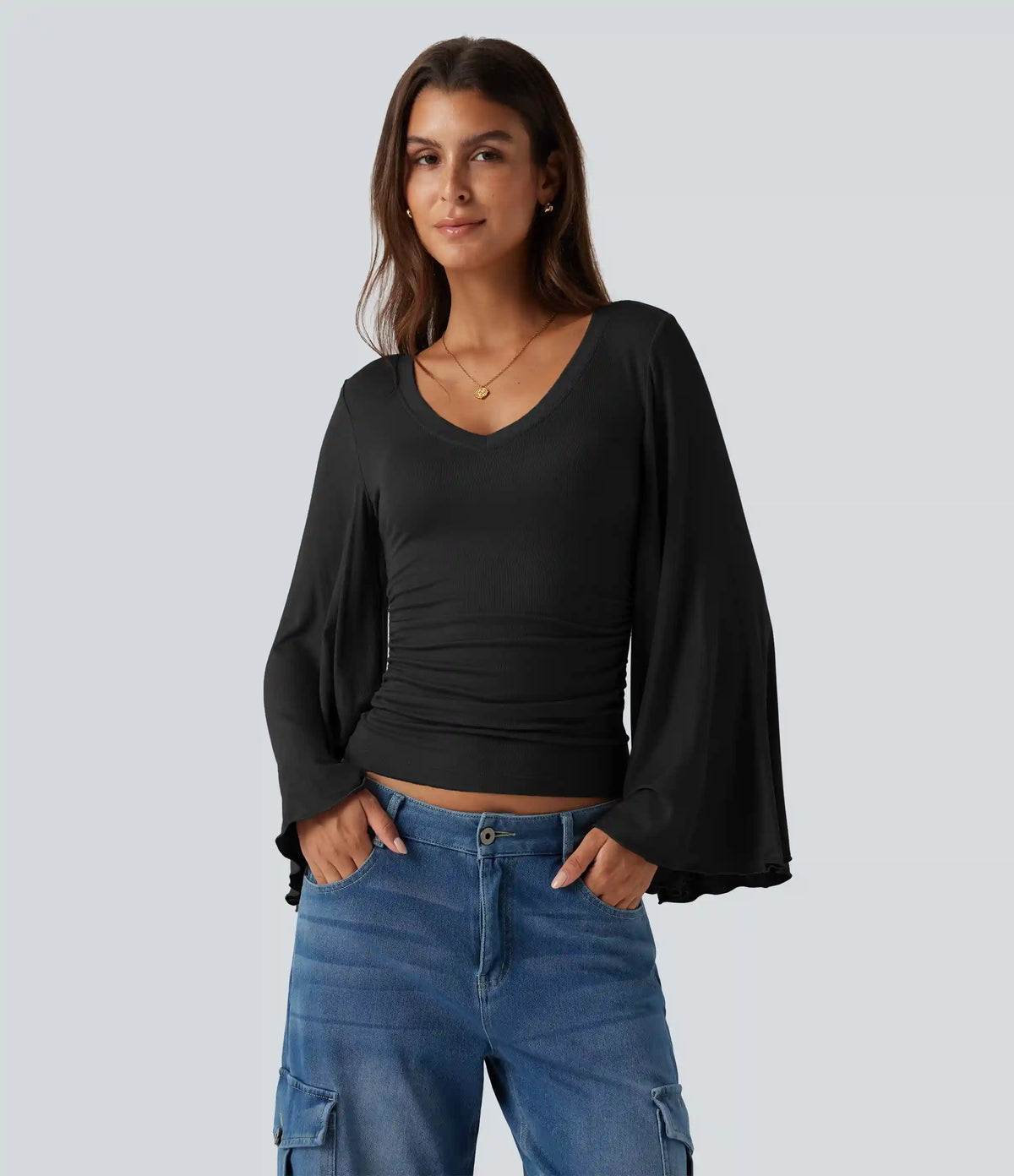 Ribbed V Neck Flounce Sleeve Ruched Casual T-Shirt