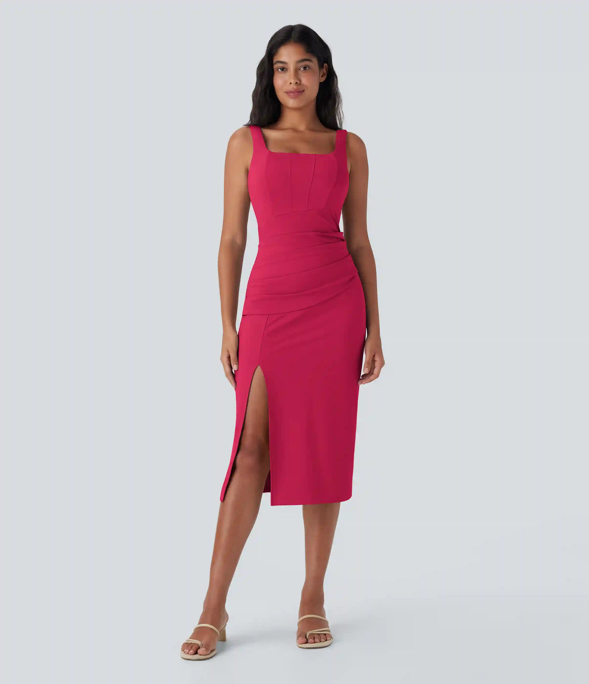 SoftlyZero™ Airy Square Neck Corset Ruched Bodycon Midi InstantCool Dress DD-F Cups