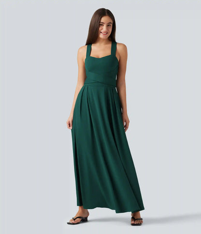 Sweetheart Neck Sleeveless Crisscross Tie-back Maxi Casual Flowy Dress with Pockets
