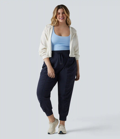 Plus Size High Waisted Drawstring Ruched Tapered Quick Dry InstantCool Dance Joggers with Pockets-UPF40+