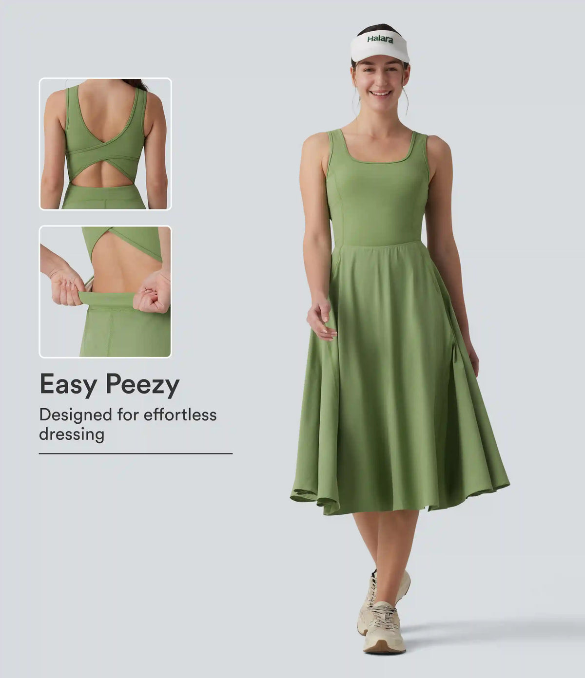 Breezeful™ Square Neck Crisscross Backless Built-in Bra 2-in-1 Midi Quick Dry Dance Active Dress with Pocket-Easy Peezy