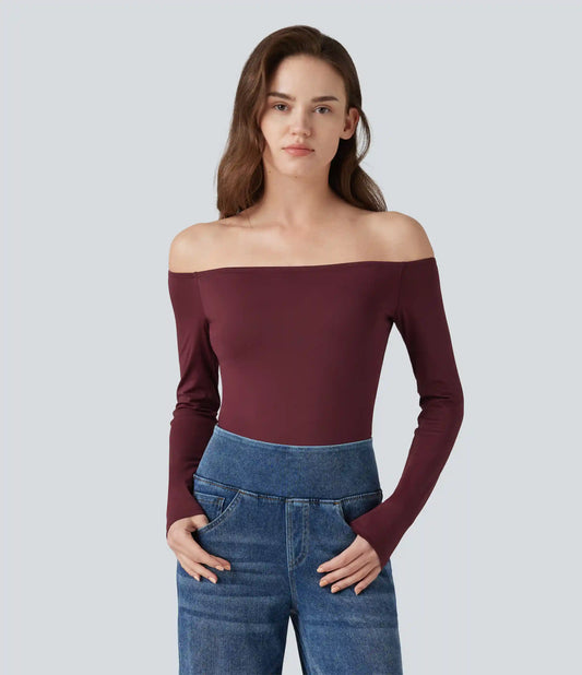 Off-Shoulder Long Sleeve Removable Straps Built-in Bra Casual Bodysuit