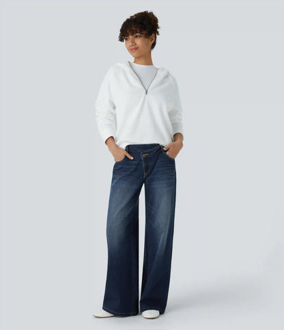 Halara Flex™ Asymmetric Low Rise Zipper Pockets Baggy Wide Leg Washed Casual Jeans