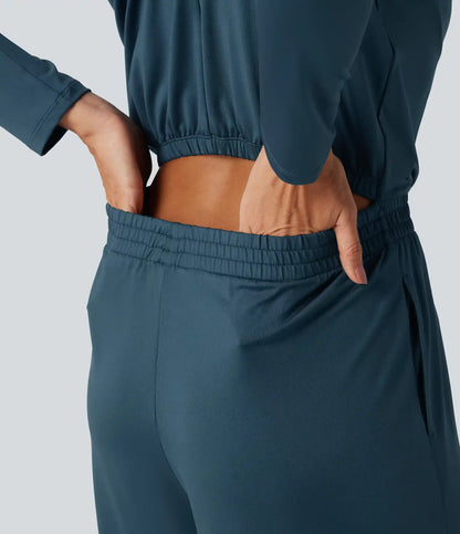 Stand Collar Long Sleeve Straight Leg Jumpsuit with Pockets-Easy Peezy Edition
