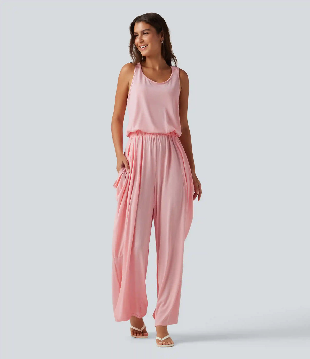 Sleeveless Cut Out Wide Leg Casual Jumpsuit with Pockets-Easy Peezy Edition