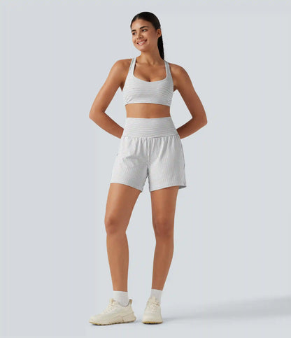 Super High Waisted 2-in-1 Stripe Yoga Shorts 5'' with Pockets