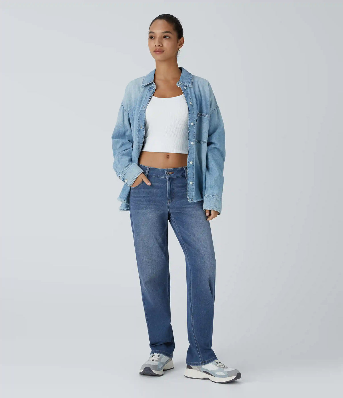 Halara Flex™ Low Rise Zipper Pockets Straight Leg Washed Casual Jeans